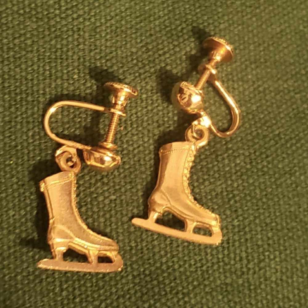 Antique Ice-skate earings vintage screwback post gold